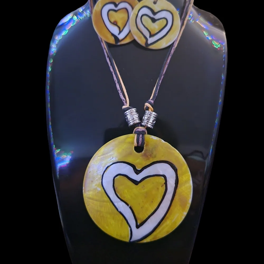 Hand Painted Yellow Heart Shell Coin Statement Artisan Made Necklace & Earrings - Picture 6 of 16